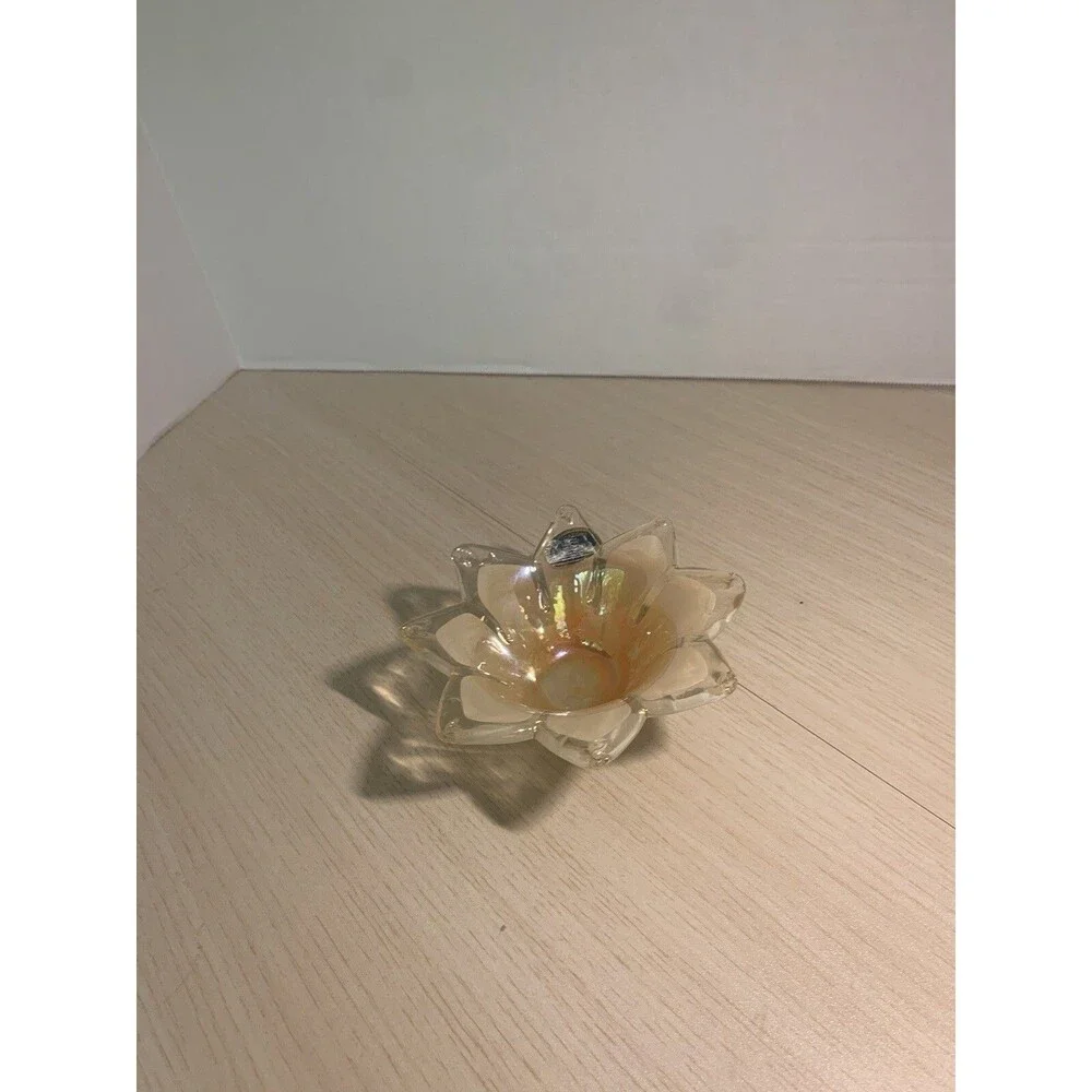 Murano Art Glass Star Flower Votive Dish white and Iridescent Orange has Sticker